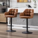 chairus Set of 2 Ergonomic PU Leather Barstools 360° Swivel Kitchen Breakfast Stools Modern Adjustable Height Counter Stools with Arm (Brown(PU Leather-Armrest))