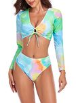 RELLECIGA Women's Swim Shirt Rashguard Long Sleeve Crop Top with High Waisted Bikini Bottom, Tie Dye, Small