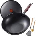 Teewe Carbon Steel Wok -13 Inch Woks & Stir-Fry Pans Nonstick, Wok Pan with Lid Spatula and Dish Brush: Pre-Seasoned Flat Bottom Chinese Wok for Induction, Electric, Gas, All Stoves