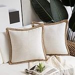 Phantoscope Pack of 2 Farmhouse Decorative Throw Pillow Covers Burlap Linen Trimmed Tailored Edges Off White 18 x 18 inches, 45 x 45 cm