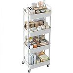 Sywhitta 4-tier Storage Rack on Wheels, Kitchen Storage Utility Cart, Rolling Storage Rack for Bedroom, Bathroom, Office, White