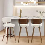 Bekrvio Swivel Bar Stools Set of 3, 29" Upholstered Faux Leather Barstools with Back and Bent Wood Legs, Mid Century Modern Bar Chair Island Stool for Kitchen Counter, Cream White