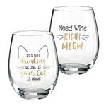 Lillian Rose 2 Cat Lover Wine Glasses with Funny Sayings Clear 3.25"