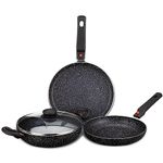 Amazon Brand - Solimo Aluminium 4 Piece Non-Stick Cookware Set with Detachable Handle | Granite Finish | Induction Base | Pfoa Free | HTR Exterior Coating | Black