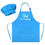 Kids Apron Chef Hat Set Chef in Training Child Apron with 2 Pockets for Boys Girls Adjustable Kitchen Cooking Baking Painting (Blue)