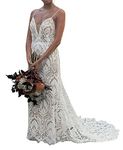 Women's Lace Boho Wedding Dresses for Bride Plus Size Long Beach Mermaid Bridal Dress Bohemian Wedding Gowns, Ivory, 10