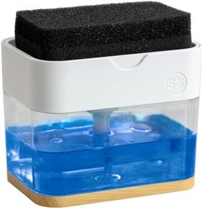 S&T INC. Dish Soap Dispenser and Sponge Holder for Kitchen Sink, Waterproof Labels and Sponge Included, 13 Ounces, Plastic, White and Bamboo