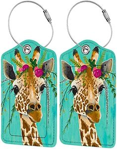 2 Pack Luggage Tag for Suitcase, Cute Unique Leather Bag Tags Identifiers Privacy Cover ID Label with Durable Steel Loop for Women Men Kids Girls Travel, Giraffe