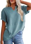 SHEWIN Womens T Shirts Casual Short Sleeve Work Tee Shirt Office Loose Solid Color V Neck Top Cute Tops for Women Fashion 2025,US 16-18(XL),Mint Blue