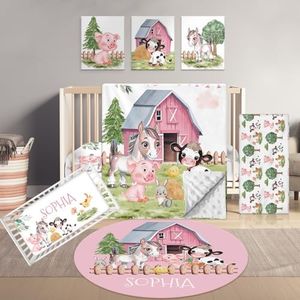 Terwex Personalized Baby Bedding Set, 5 Pcs Custom Name Bedding for Girls & Boys - Soft Toddler Crib Sets, Farm Animals
