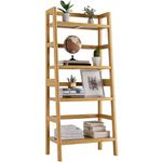 HITNET Ladder Shelf, 4-Tier Bookshelf, Bamboo Leaning Bookcase, Display Storage Rack Organizer, Freestanding Flower Plant Stand for Living Room, Home Office, Kitchen, Natural