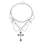 Clataly Crystal Cross Pearl Necklace Gothic Choker Crucifix Pendant Necklace Silver Beaded Jewelry for Women and Girls