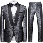 YFFUSHI Men's Elegant Jacquard 3 Piece Suit Shawl Lapel Slim Fit Tuxedo Set Silver