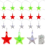 Christmas Stars 10ft String Light 3 Pack (Red, Green, White) 60 Total LED Fairy Lights- Waterproof Battery Pack- Indoor/Outdoor Decorations for Fall/Winter- Xmas Holiday Parties, Bedroom, Patio, Porch