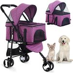 Cat& Dog Stroller Pet Strollers 3 Wheel Doggy Stroller for Small Medium Dogs 3-in-1 Detachable Travel Carrier Pet Gear Stroller Wagons for Dogs Trolley for Cat Doggie Rabbit Puppy, Purple