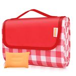 SAMSIER Large Outdoor Picnic Blankets Waterproof Foldable with Pillow, Beach Blanket Sandproof Portable, Cute Picnic Mat Washable 60"×80" (Red, 1 Pack)