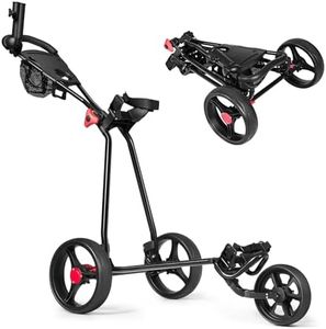 COSTWAY Carrello da Golf Pieghevole a 3 Ruote, Carrello da Golf in Ferro, con Maniglia Regolabile in TPR, Freno a Pedale