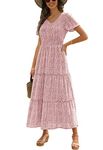 Zattcas Womens 2024 Long Summer Dress Short Flutter Sleeve V Neck Casual Smocked Tiered Modest Floral Boho Maxi Dress, F-mauve, S