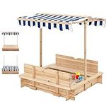 COSTWAY Wooden Kids Sand Pit with Lid, Convertible Seat Benches and Height-Adjustable Canopy, Children Sandbox for Outdoor Play