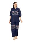 Lilots Women's Slub Cotton Thread Embroidered Worked Co-Ord Set | 2 Piece Top Bottom Set Blue