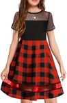 Arshiner Girl's Contrast Mesh Dress Short Sleeve Formal Christmas Red Plaid Short Dresses Kids Xmas Outfit 10-11 Years