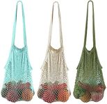 3 Pack Reusable Produce Bags Cotton Mesh Grocery Bags，Portable Washable Long Handle Shopping Bag 100% Cotton Mesh Tote Bag Vegetable Bag for Shopping and Storage Fruit Vegetable