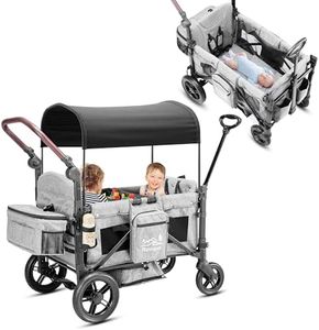Rovique Wagon Stroller for 2 Kids,Premium Wagon for Kids with Removable Canopy, Snack Tray, Convertible Baby Bassinet, 5-Point Safety Harness, All-Terrain PU Wheels & Adjustable Push/Pull Handle,Grey