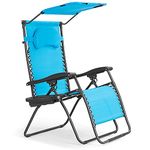 DORTALA Folding Recliner Zero Gravity Lounge Chair, Folding Patio Lawn Pool Chair with Headrest, Mesh Outdoor Chaise Chair, Removable Pillow, Cup Holder, Plastic Armrest, Steel Frame, Sunshade Canopy, Ideal for Beach Pool Garden, Blue