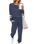 Ekouaer Women's Sweatsuits Plus Size 2 Piece Outfits for Womens Pajamas Set Long Sleepwear Set with Pockets Round Neck Navy Blue