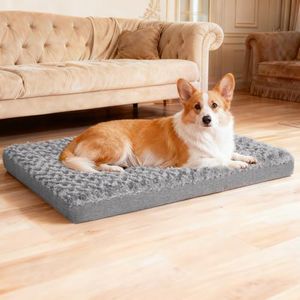 Sicilaien Dog Beds for Small Medium Dogs, Dog Crate Bed Washable Dog Bed Pad with Removeable Cover Faux Fur Surface, Orthopedic Pet Beds Dog Mattress Mat for Dogs Up to 13KG, Grey, Medium