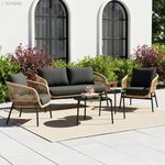 DEVOKO Outdoor 4 Seater Rope Sofa Conversation Set with Comfortable All Weather Water-Resistant Cushions and Glass Top Round Center Table for Garden,Patio,Poolside(Beige & Black)