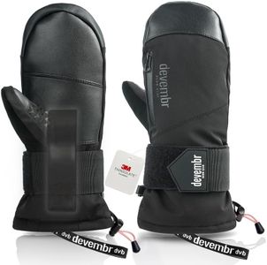 devembr Ski Mittens with Wrist Guards, Waterproof Snowboarding Mittens, Black, L