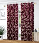 Panipat Textile Curtain Heavy Velvet Fabric Room Floral Darkening Semi Sheer Grommet Curtains 7 Feet For Door, Wine, Pack Of 2 Pieces