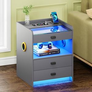 Nightstands with LED Lights, Smart Night Stand with Bluetooth Speakers & Body sensors, Modern Side Tables with Wireless Charging Stations,Black Bedside Table with Drawers (Gray)