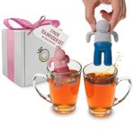 Cute tea infuser gift set for loose-leaf tea, a small funny gift for tea lovers and couples, silicone tea steepers in a set of two, tea strainers in pink and blue/grey