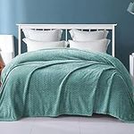 Exclusivo Mezcla Queen Size Flannel Fleece Blanket, 230x230 CM Soft Jacquard Weave Leaves Pattern Velvet Plush Bed Blanket, Celadon Blanket