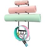 YiSeyruo Yoga Mat Holder Wall Mounted: Yoga Mat Home Storage Organizer Rack Metal | Foam Roller Holder 4 Sections with 5 Hooks for Hanging Yoga Resistance Bands Equipment Accessories at Home Gym