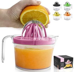 Zulay Kitchen 3-in-1 Manual Citrus Juicer Reamer Cup - 17OZ Multifunction Lemon Squeezer, Orange Juicer Squeezer & Citrus Extractor - Includes 2 Reamers, Strainer & Measuring Cup with Handle (Pink)