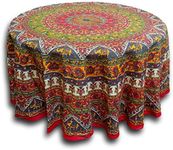 India Arts Handmade 100% Cotton Mandala Floral Elephant Tablecloth 90" Round with a Beautiful 5" lace All Around, Cotton, Red, About 90" Round