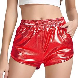 MAKARTHY Women's Metallic Shorts Elastic Waist Shiny Sparkly Rave Pants (X-Small, Red)