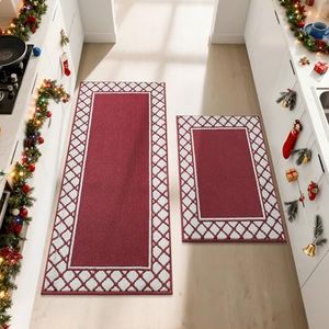 COSY HOMEER 2 Pieces Absorbent Kitchen Runner Rug Mats, 60x89cm+60x152cm, Extra Nonslip TPR Backed Carpet Rugs for Kitchen, Soft Standing & Machine Washable, Vacuum Cleaner Available No Curling, Red