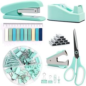 Green Office Supplies,UPIHO Teal Desk Accessories,Stapler and Tape Dispenser Set for Women with Stapler,Tape Dispenser,Staple Remover, Staples, Clips, Scissor and Tabs for Students, Office Clerks