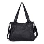 Angelkiss 2 Top Zippers Multi Pockets Women Handbags/Washed Leather Purses/Shoulder Bags 1193 (Black)