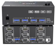 ​KVM Switch 3 Monitors 2 Computers 8K@60Hz 4K@144Hz, HDMI+2 Displayport KVM Switch Triple Monitor for 2 Computer Share 3 Monitor and 4 USB3.0 Port Keyboard Mouse,Wired Remote and 5 Cables Included