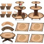 Sacubee 7 Pcs Woodland Cupcake Stand Set Includes 2 Wood Grain 3 Tier Cardboard Cupcake Stand 1 Rustic Cupcake Tower 4 Rectangle Serving Tray 60 Woodland Cupcake Wrappers for Baby Shower Decorations