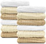 Sunny zzzZZ Baby Muslin Washcloths -100% Cotton Muslin Soft Baby Bath Wash Cloths and Absorbent Burp Cloths for Newborns Kids Girls and Boys -12 Pack, 12x12 Inches - White+Ivory+Brown
