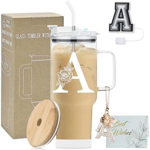 AiHeart Initial Glass Cup,Birthday Gifts for Women,40oz Glass Tumbler with Handle,Iced Coffee Tumbler with Straw and Lid,Clear Tumbler,Personalized Tumbler Gifts for Women,Mom,Her-A