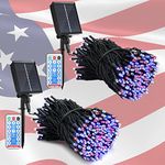 GNIXLING 2 Pack Each 105FT 300 LED Solar Led American Flag String Lights for Outdoors, 4th of July Decoration, 8 Modes American Flag Lights for Camper Independence Day Holiday (Red Blue White)