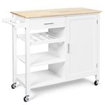 TANGZON Kitchen Island on Wheels, Rolling Kitchen Storage Trolley with Cabinet, Oak Wood Worktop, 2 Shelves, Wine Rack, Adjustable Shelf, Drawer & Towel Rack, Utility Serving Cart Sideboard (White)