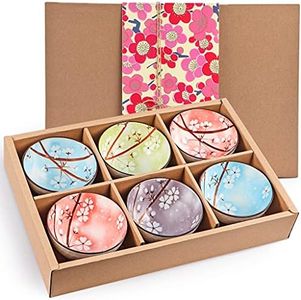 Sanbege Ceramic Rice Bowls 10 oz, Sakura Bowl Gift Set, Assorted Color Dinnerware Serving Bowls for Rice, Cereal, Noodle, Soup, Desserts, Pack of 6 (Cherry Blossom)